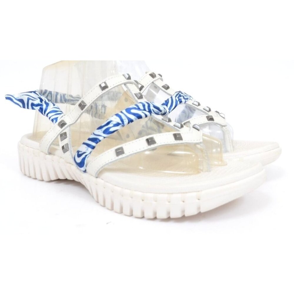 Skechers Goga Mat Leather White Blue Studded Strappy Sandals Beachy Women's 8